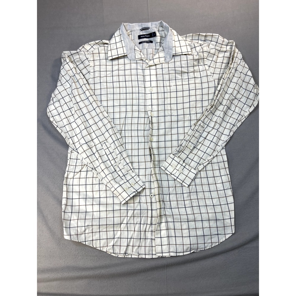 Nautica Shirt Medium Mens White Check Heather Twill Button Up Long Sleeve